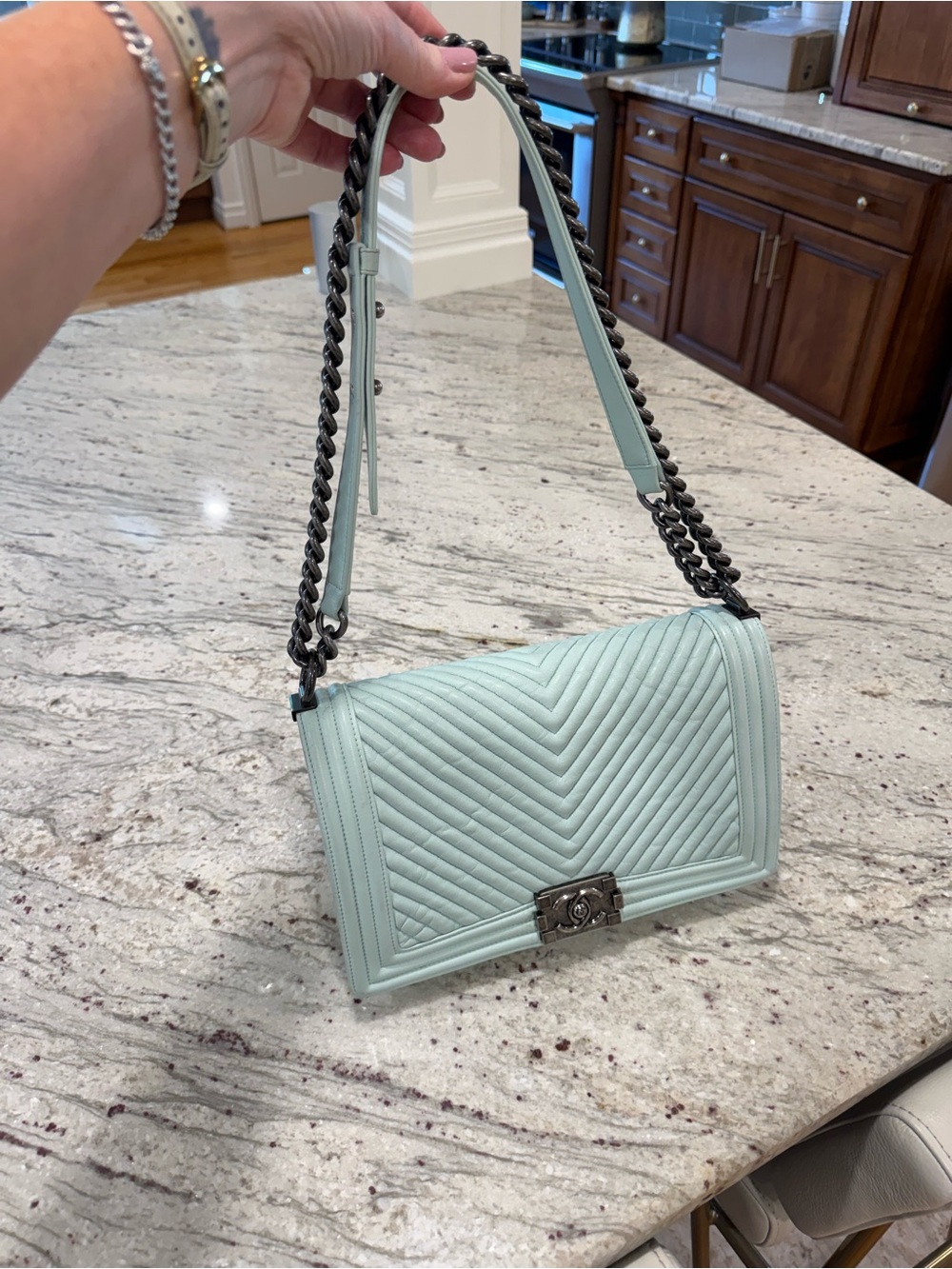 Chanel Wrinkled Lambskin Chevron Quilted
Medium Boy Flap Mint Green Robin’s Egg